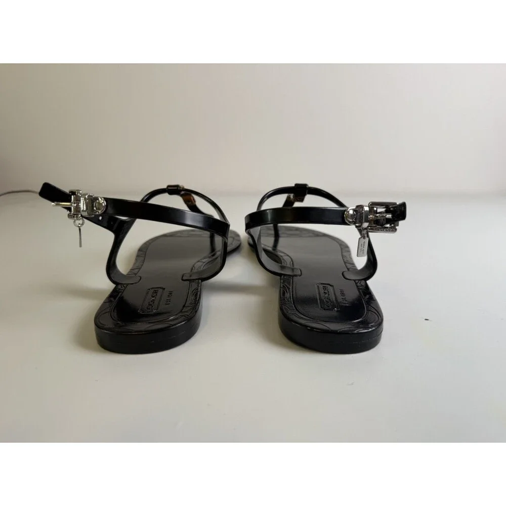 Coach Women’s Black Thong Sandals T-Strap Ankle Strap Buckle Logo US 8B